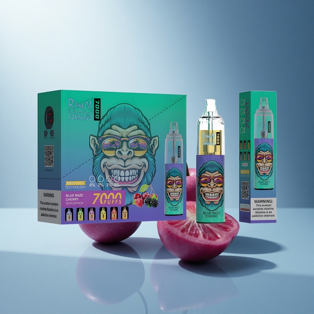 RandM Fumot Tornado 7000 Puffs Синьо Малинова Череша Мех и RGB