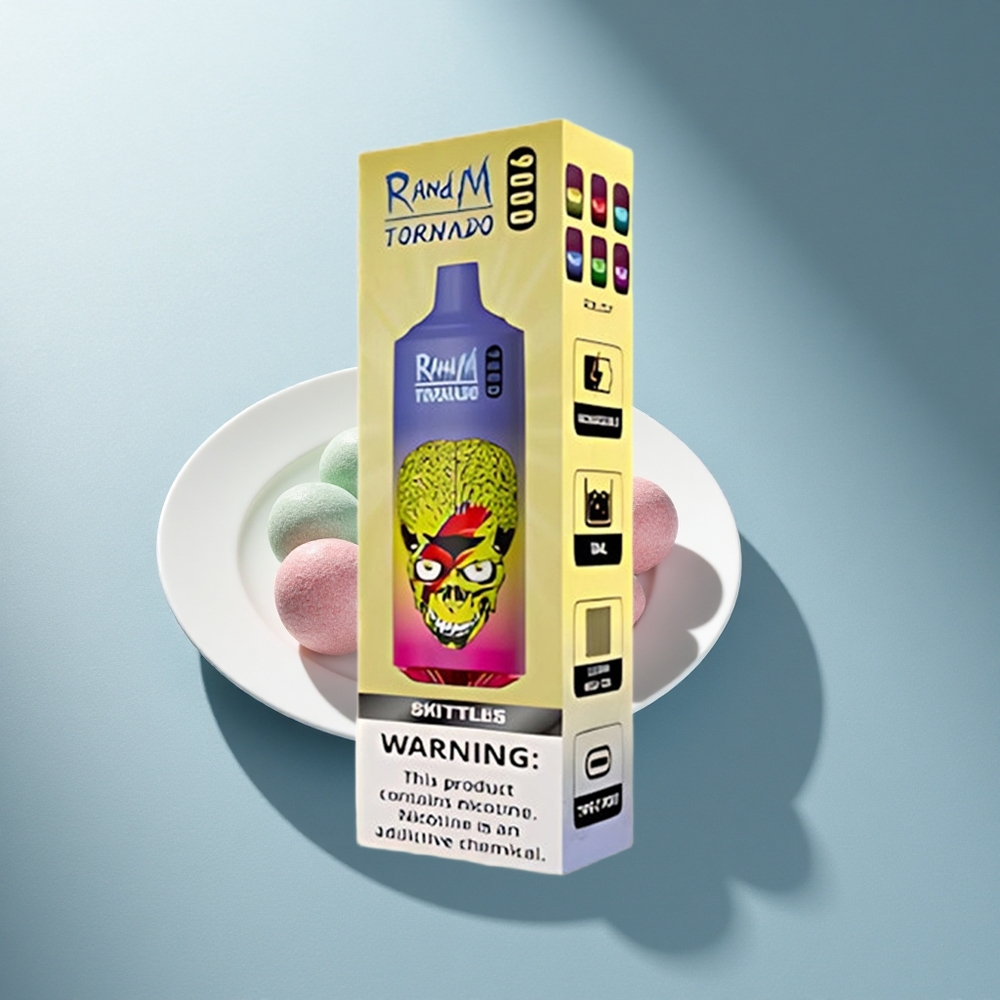 RandM Fumot Tornado 9000 Puffs Скитълс Мрежеста Батърка 850 мАч 18 мл RGB Дисплей 54 Вкуса
