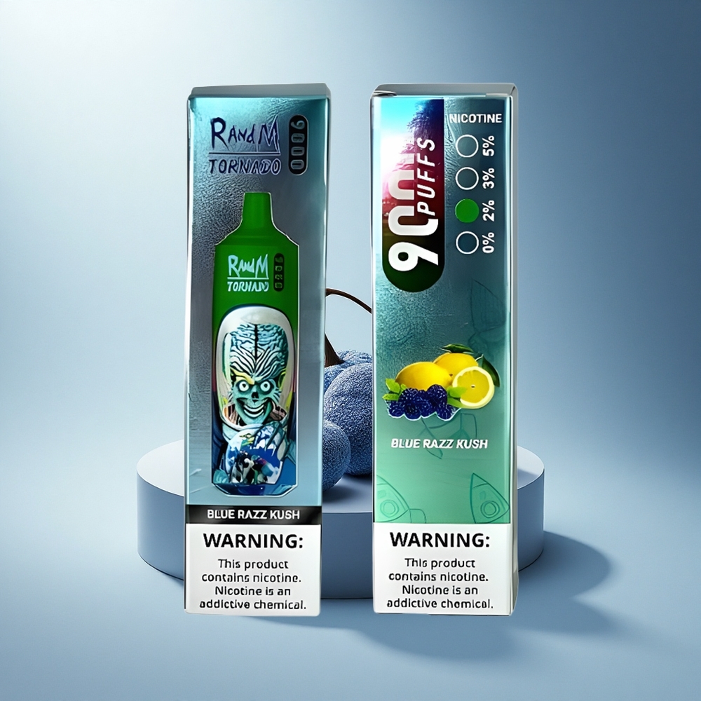 RandM Fumot Tornado 9000 Puffs Синьо Малинова Куш 850 мАч Мрежов Намотка RGB Дисплей