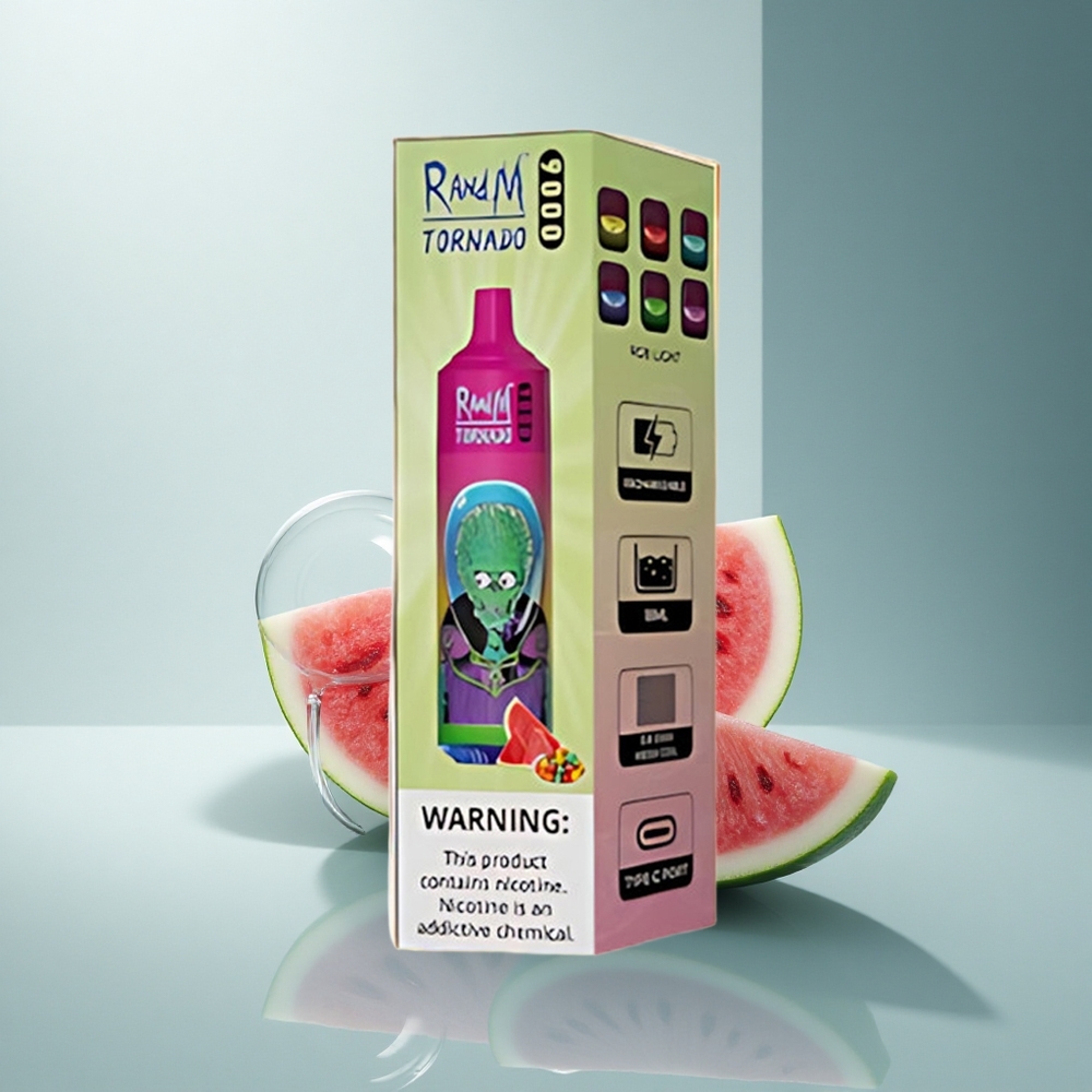 RandM Fumot Tornado 9000 Puffs Диня Бабъл Гъм с Мрежеста Намотка и RGB Дисплей