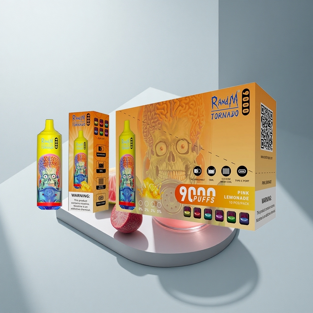 RandM Fumot Tornado 9000 Puffs Розов лимонада с мрежеста намотка и RGB дисплей
